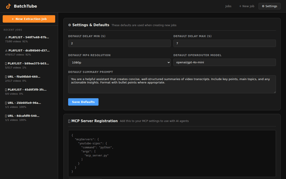 MCP server integration and settings